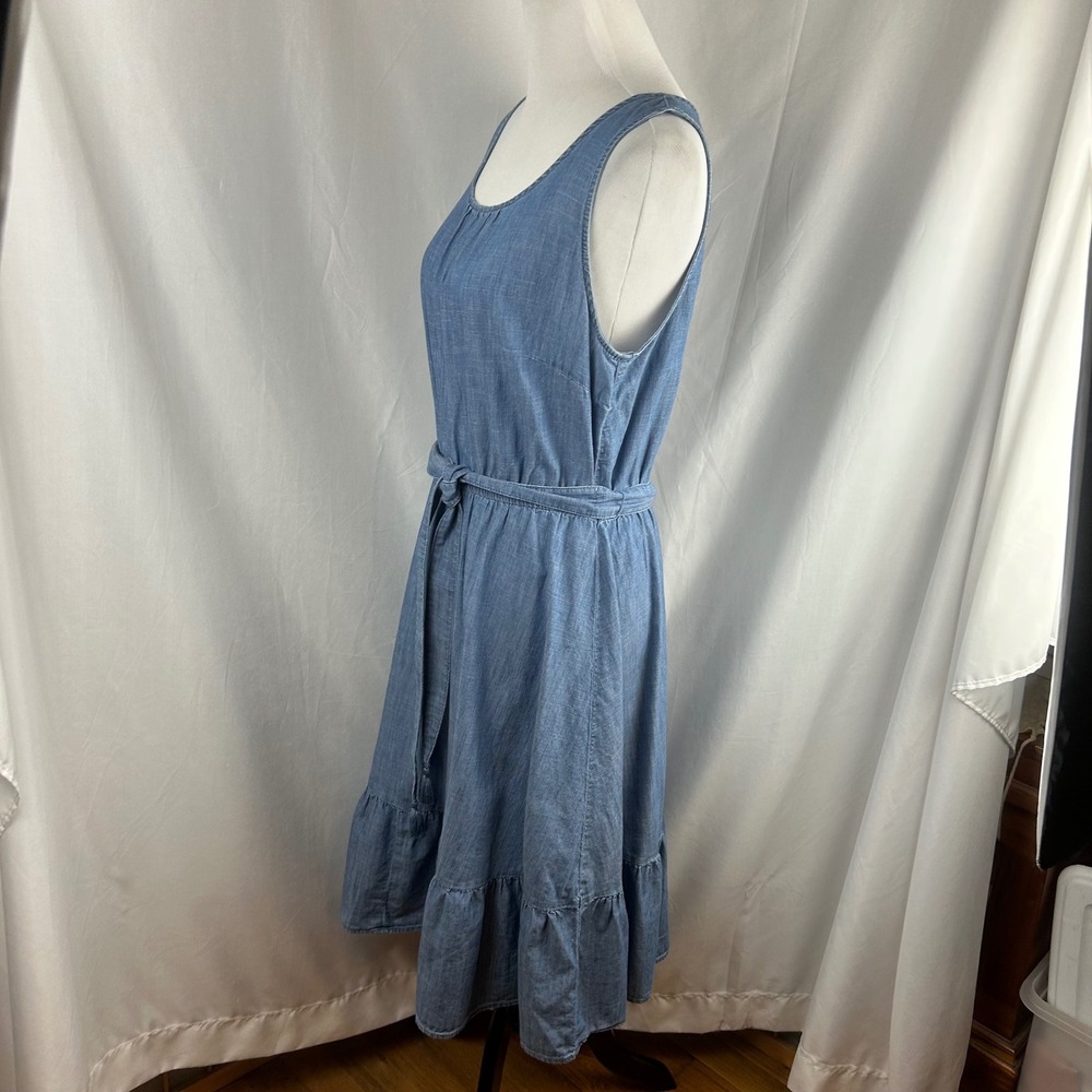 Talbots Blue Cotton Chambray Sleeveless Ruffle Hem Belted Midi Dress Womens 10 - Picture 6 of 11